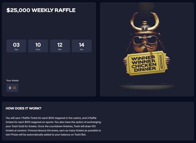 A promotional graphic for a "$25,000 WEEKLY RAFFLE" featuring a samurai-helmeted character holding a "WINNER WINNER CHICKEN DINNER" golden ticket, with a countdown timer showing 03 days, 10 hours, 12 minutes, and 14 seconds remaining, alongside "Your tickets: 0" and an explanation of how players earn raffle tickets by wagering in the casino and on sports, with 100 tickets drawn at random to win prizes added to their Toshi Bet balance.