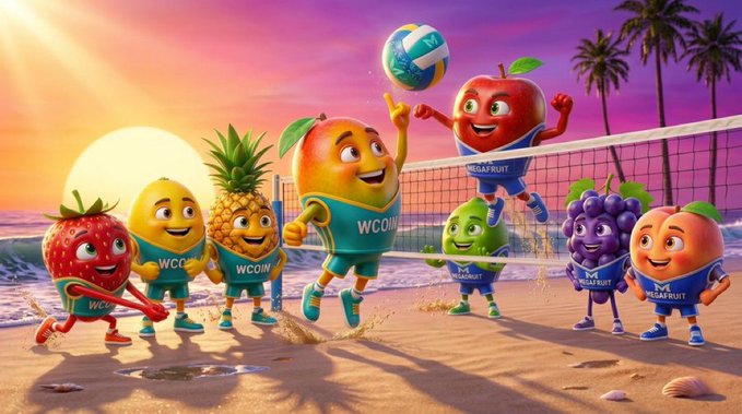 The image features a group of cartoon characters, including fruits such as an apple, orange, banana, pineapple, strawberry, and grapefruit, all gathered together on a beach during sunset. The characters are engaged in playing volleyball, with one character attempting to hit the ball over the net. The scene is set against a beautiful sunset backdrop, creating a warm and inviting atmosphere for the gathering of fruits.