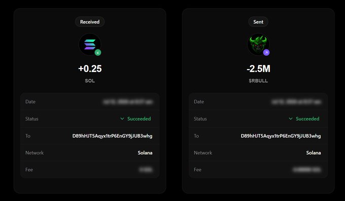 This image shows a successful transaction where 2.5 million $RBULL was sent for 0.25 $SOL on the Solana network, as stated in the accompanying post.