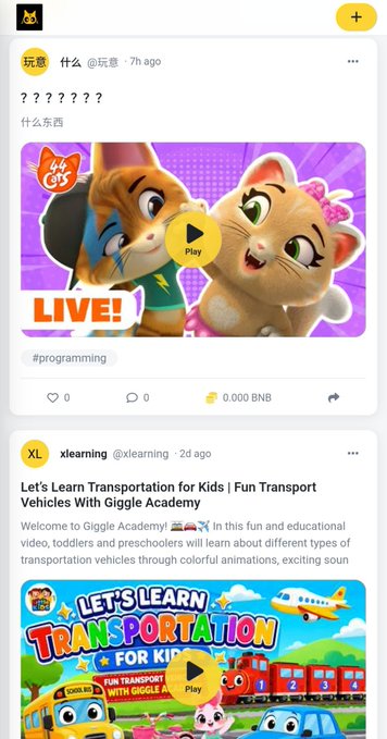 A social media feed showing posts, including one tagged #programming with 'LIVE!' text and another titled 'Let's Learn Transportation for Kids | Fun Transport Vehicles With Giggle Academy' by xlearning.