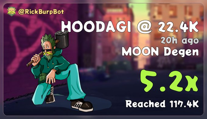 A digital artwork from @RickBurpBot showing a cartoon figure smoking with text announcing 'HOODAGI @ 22.4K', '20h ago MOON Degen', '5.2X Reached 117.4K'.