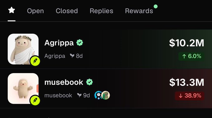 A leaderboard displays "Open," "Closed," "Replies," and "Rewards" tabs, with "Agrippa" ranked at $10.2M (↑6.0%) and "musebook" at $13.3M (↓38.9%). The post's mention of Agrippa being paired to musebook aligns with both names appearing at the top of the rankings, while the "38.9%↓" decline for musebook visually echoes the poster's mocking tone about "sheep" in the market.