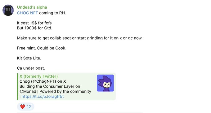 A social media post by 'Undead's alpha' announcing 'CHOG NFT coming to RH.' It details costs (19$ for fcfs, 1900$ for Gtd), mentions 'Free mint. Could be Cook.', and includes a quoted tweet from Chog (@ChogNFT) about building the Consumer Layer on @Monad.