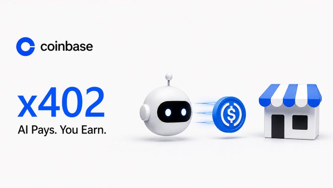 The image shows Coinbase's "x402" payment protocol branding ("AI Pays. You Earn.") alongside a friendly white robot launching a USDC coin toward a storefront, visually illustrating how AI agents can now automatically send stablecoin payments to online merchants on Coinbase.