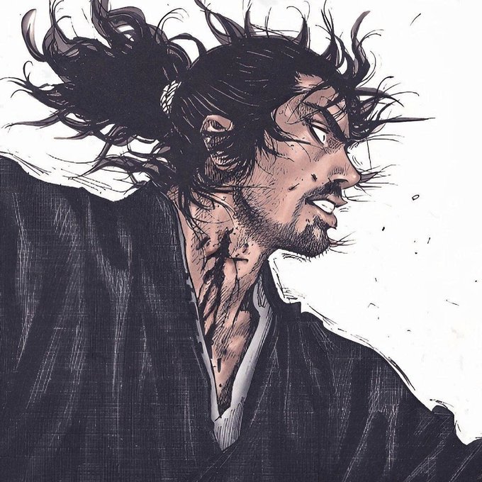 A battered samurai, his long dark hair whipping wildly in the wind, stares intensely off to the side with visible injuries and blood on his face, evoking a fierce determination and resilience that mirrors the post's rallying message about pushing forward with mid-week momentum.