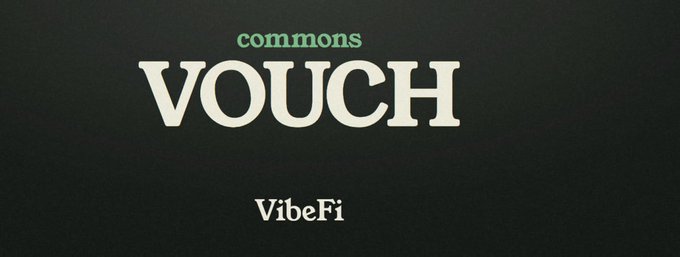 An image displays the text "VOUCH" in large bold cream-colored letters, with "commons" in smaller green text above it, and "VibeFi" written below. The image appears to be related to the Commons platform's airdrop guide, which outlines a simple process where users vouch for each other on X to participate.