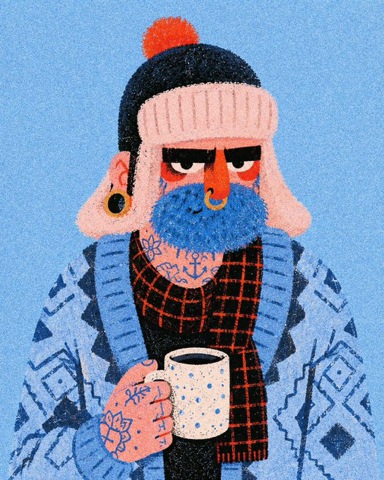A stylized illustration depicts a bearded man with tattoos and a nose ring, wearing a patterned sweater, plaid scarf, and a beanie with a red pom-pom, holding a speckled coffee mug against a blue background. The image reflects the post's concept of reimagining @THEBUFOS characters as Japanese-inspired Brooklyn hipsters, evident in the character's coffee-clutching pose, trendy winter attire, and inked aesthetic.