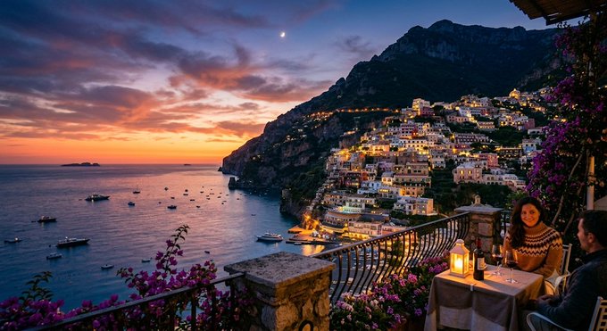 Scenic sunset view of the Amalfi Coast, Italy, showing a cliffside town with illuminated buildings, boats in the water below, and a couple dining at a restaurant terrace adorned with bougainvillea flowers.