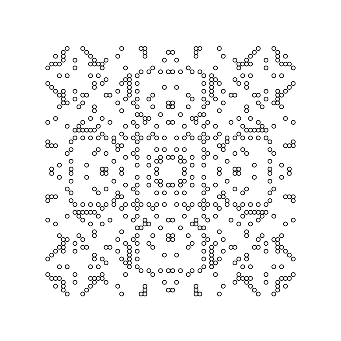 A minimalist abstract pattern made of small gray circles arranged in a scattered, organic design on a white background.