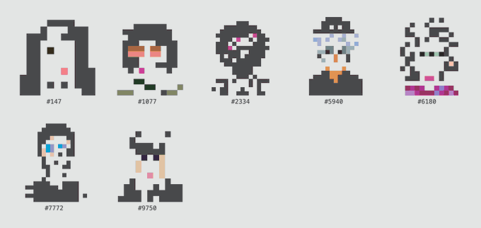 Seven pixel-art characters labeled #147, #1077, #2334, #5940, #6180, #7772, and #9750 are displayed, representing unique digital collectibles from the "normienis" on-chain collection.

The image directly illustrates the post by showcasing individual NFTs from the normienis collection—a unique, data-driven set stored on Ethereum mainnet—giving viewers a visual sample of the pixelated characters that make up this living, on-chain art series.
