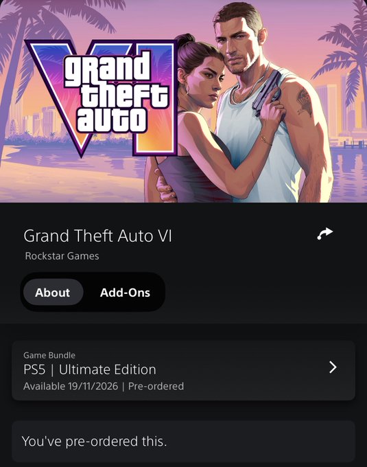 A pre-order confirmation for the PS5 Ultimate Edition of Grand Theft Auto VI (Rockstar Games), available 19/11/2026, supports the post's claim of pre-ordering GTA VI with Solana and running a giveaway for two people to receive 50% off.