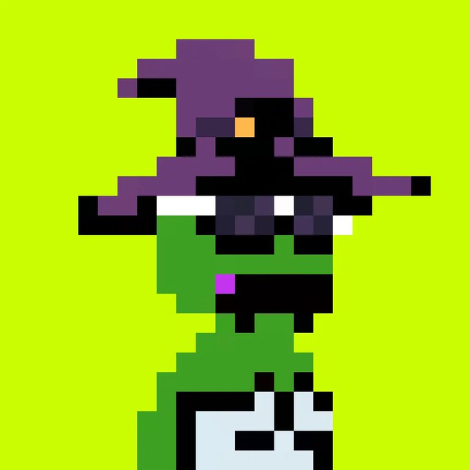 A pixelated figure of a witch with a purple hat and green dress against a bright yellow-green background.