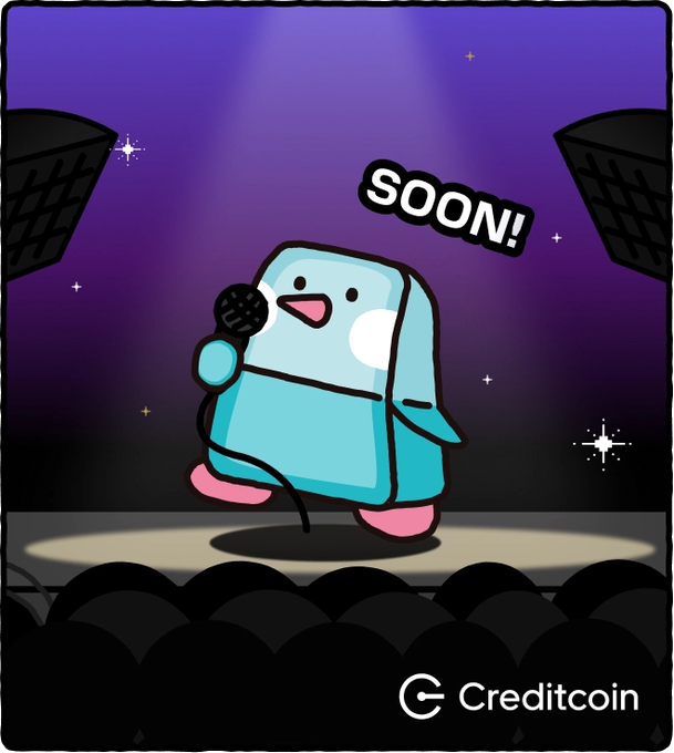 A cartoon illustration of a smiling blue penguin-like mascot holding a microphone on stage with 'SOON!' text above, branded with the 'Creditcoin' logo.