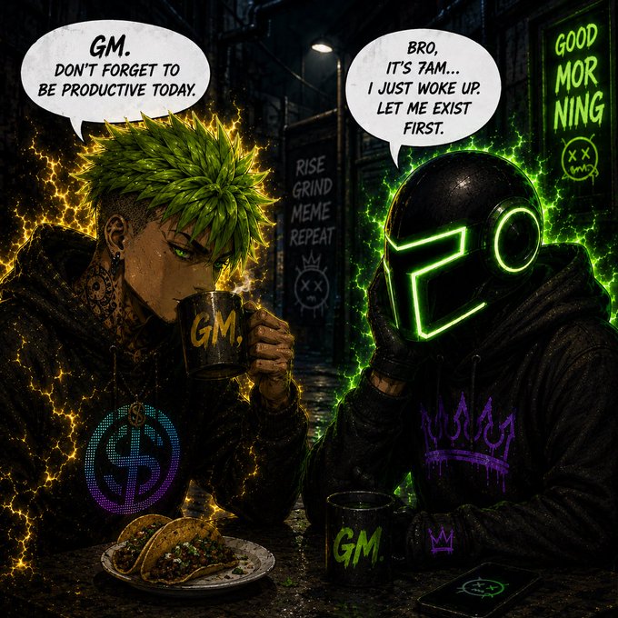 A comic panel showing a green-haired anime character telling a helmeted figure 'GM. DON'T FORGET TO BE PRODUCTIVE TODAY,' while the figure replies 'BRO, IT'S 7AM... I JUST WOKE UP. LET ME EXIST FIRST,' surrounded by 'RISE GRIND MEME REPEAT' and 'GOOD MORNING' signs.