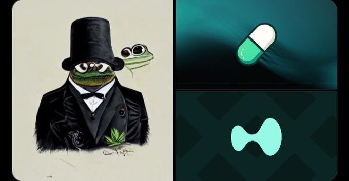 A Pepe the Frog dressed as a gentleman with a top hat and suit, alongside a pill capsule and the Movement (MOVE) logo.