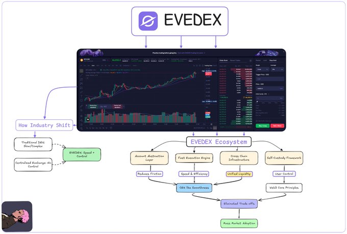 An infographic diagram illustrating the EVEDEX ecosystem, including its trading platform, EVEDEX Speed + Control features, and a flowchart of components like account abstraction, fast execution engine, and cross-chain infrastructure.