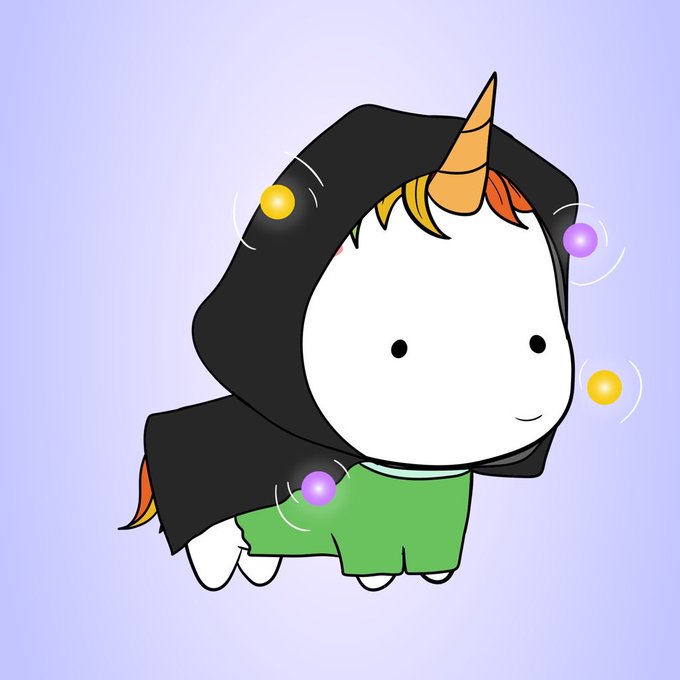 An illustration shows a cute chibi-style unicorn character wearing a black hood and green outfit, surrounded by floating colorful spheres against a purple background.
