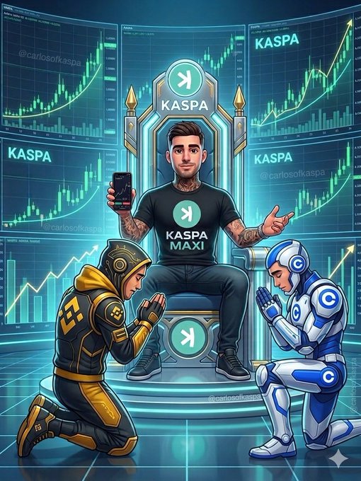 The image features a cartoon illustration of three men, each wearing different colored suits - yellow, black, and blue. The man in the center is sitting on a throne-like chair with his hands clasped together, while the other two men are kneeling or standing nearby. They appear to be engaged in conversation or observing something happening around them. 

The post that accompanies this image reads: "They will only realize it when it's too late. @binance #Kaspa #Binance #Coinbase #CryptoMarket". This phrase is likely a reference to the three men and their unique attire, which could be interpreted as a symbol of power or authority in the world of cryptocurrency trading.

The image also contains text elements such as "@binance" and "@bitcoin", which are likely related to the Bitcoin market and Kaspa's role within it.