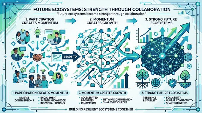 The image shows a diagram of interconnected circles, each representing an ecosystem or network idea with the text "I think future ecosystems may become stronger through collaboration." The circles include symbols related to biodiversity and technological advancements, such as a tree for a biological system and a computer for a technological system. A person is also depicted at the bottom left corner.