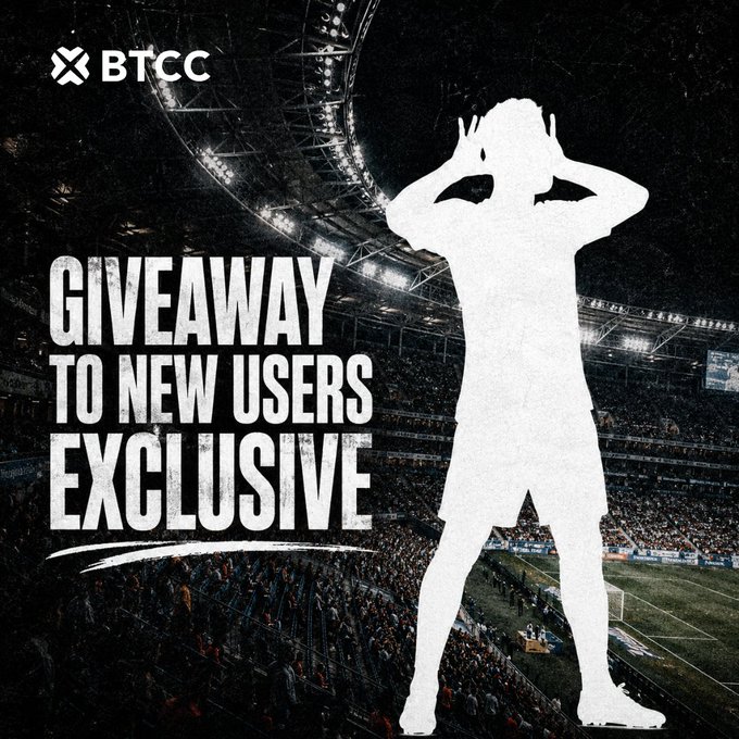 The image features a man standing in front of a stadium, with a large crowd of people behind him. The text "Giveaway to new users exclusive" is displayed above the man's head, while the word "btcc" is written below his head. The background shows a stadium filled with spectators, indicating that this event might be related to a major sports competition or match.