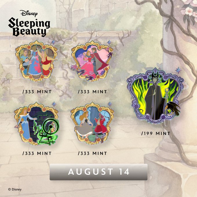 Disney's Sleeping Beauty digital pin collection on Disney Pinnacle by Dapper Labs, featuring five limited edition pins with mint numbers (/333 MINT for four pins and /199 MINT for the Maleficent pin), will be available on August 14 as part of the #D23 August drop.