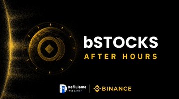 The image promotes "bSTOCKS AFTER HOURS," a partnership between DeFiLlama and Binance, visually representing the shift toward 24/7 stock trading enabled by crypto-based tokenized stocks, echoing the post's message about moving beyond traditional 24/5 market hours.