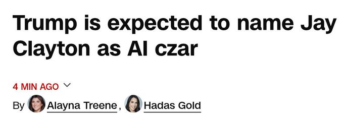 A news headline reads 'Trump is expected to name Jay Clayton as AI czar,' dated 4 MIN AGO by Alayna Treene and Hadas Gold.