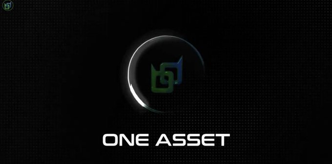 Animated logo for 'ONE ASSET' featuring a stylized green and blue symbol inside a crescent shape against a dark grid background.