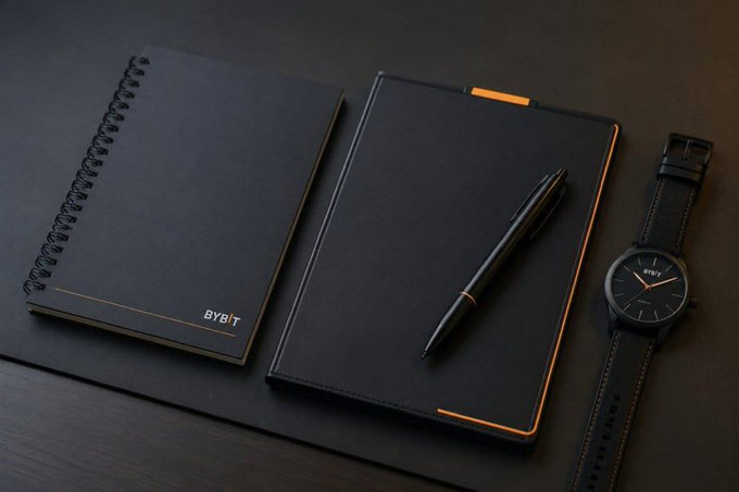 A sleek flat lay features a spiral notebook and leather planner, both branded "BYBIT" in orange lettering, accompanied by a black ballpoint pen and a minimalist black wristwatch. The image conveys a polished, professional vibe — fitting for a "GM Legends" greeting, as it showcases the crypto exchange Bybit's premium branded merchandise alongside everyday essentials for a productive start to the day.