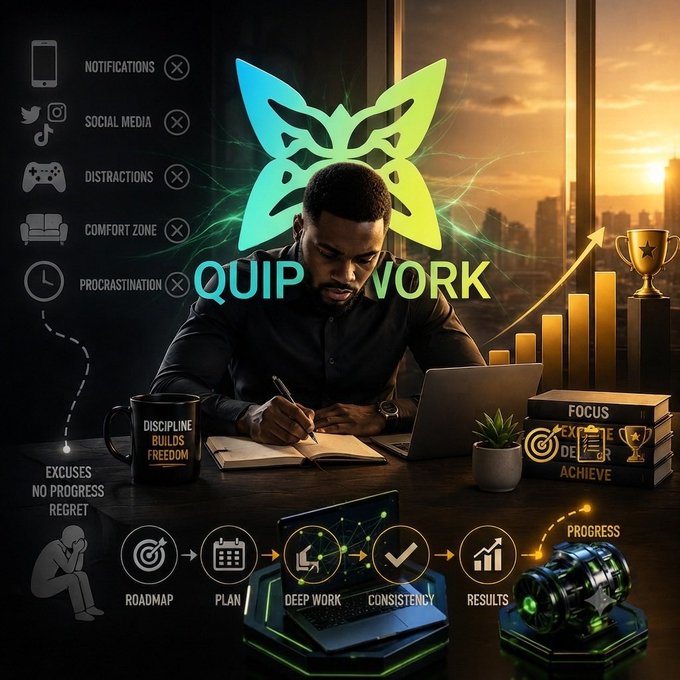 The image depicts a man focused on deep work at a desk with a laptop, surrounded by motivational graphics including a butterfly emblem, a "Discipline Builds Freedom" mug, and icons representing the shift from excuses and procrastination (Notifications, Social Media, Distractions, Comfort Zone) to a roadmap of Progress, Deep Work, Consistency, and Results. The text "QUIP WORK" is prominently displayed in the center, tying the visual theme of focused productivity to the post's discussion of Quip Network's research community and its commitment to questioning current approaches for meaningful breakthroughs.