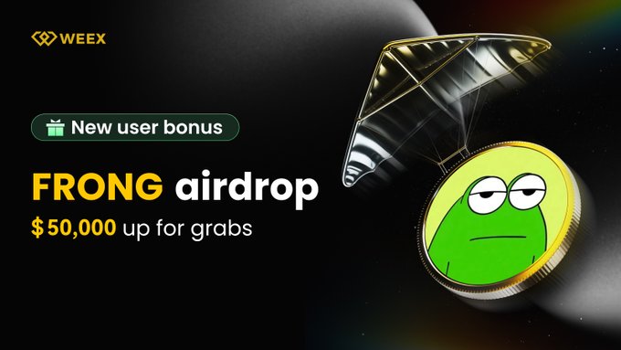 A WEEX exchange promotional banner advertising a "$50,000 up for grabs" FRONG token airdrop for new users, featuring a metallic diamond-shaped FRONG coin with a green frog face emoji design.