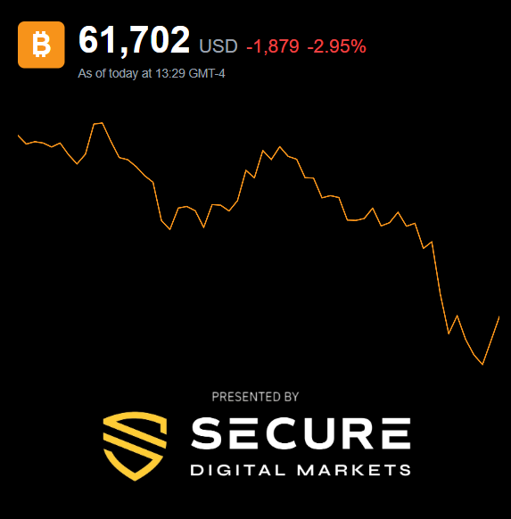 In the image, there's a line graph that shows a decline of Bitcoin prices compared to US dollars over time. The Bitcoin value has dropped significantly since its peak in December 2013 at $US 1,732. It's now worth around $61,500, indicating a decrease in value as per the data presented. This information can be useful for investors and market enthusiasts who are interested in the fluctuating values of cryptocurrencies like Bitcoin.