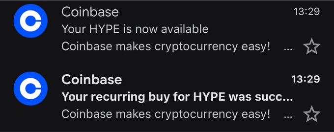 Two Coinbase email notifications: "Your HYPE is now available" and "Your recurring buy for HYPE was succ..." both timestamped 13:29.