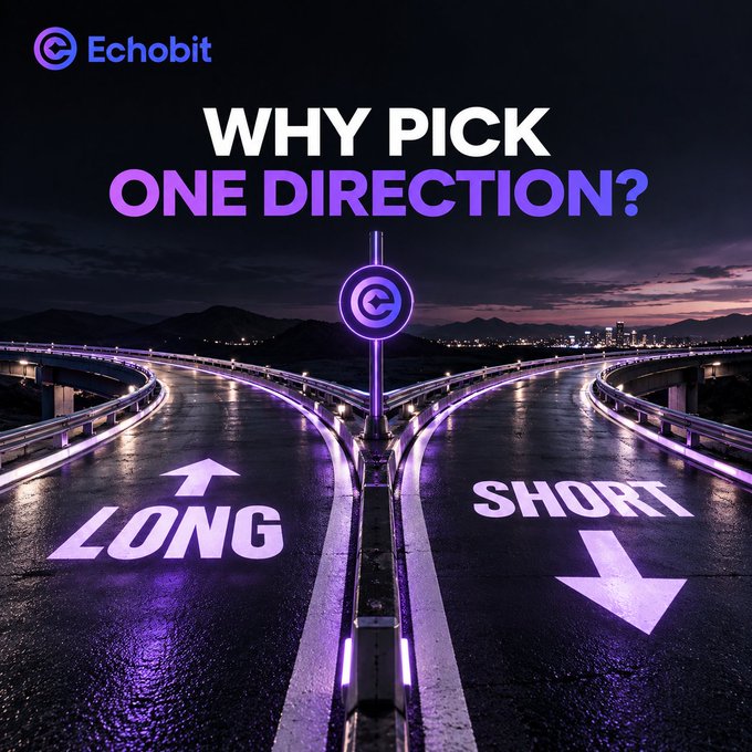 A promotional graphic for Echobit titled 'WHY PICK ONE DIRECTION?' shows a highway at night split between 'LONG' and 'SHORT' paths, illuminated by purple neon lights.
