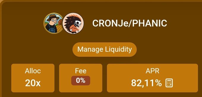 A DeFi liquidity pool interface for CRONJe/PHANIC showing options to manage liquidity with 20x allocation, 0% fee, and 82.11% APR.
