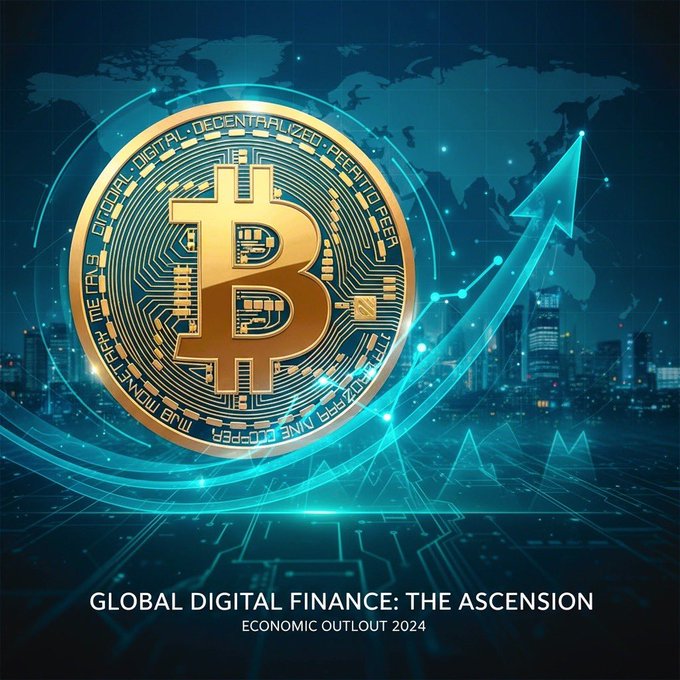 A stylized Bitcoin coin with a glowing upward arrow is set against a dark blue world map and cityscape, labeled "GLOBAL DIGITAL FINANCE: THE ASCENSION — ECONOMIC OUTLOOK 2024." The imagery reinforces the post's message of Bitcoin's resilience above $62,000, visually symbolizing its steady ascent amid cautious global market sentiment.