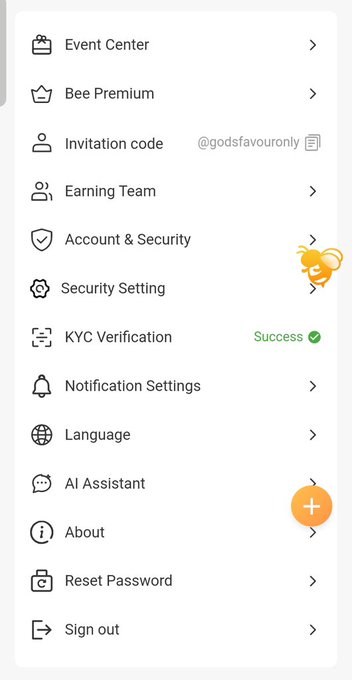 A mobile app settings menu showing a "KYC Verification" status marked with a green "Success ✅" checkmark, alongside other options like Event Center, Bee Premium, Invitation code (@godsfavourly), Earning Team, Account & Security, and Security Setting. The verified status directly reinforces the post's message that completing KYC is essential to receive $BEE at TGE.