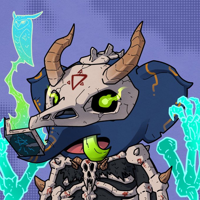A digital illustration depicts a fantasy character with a horned skull mask, glowing green eyes, and a protruding green tongue, wearing dark spiked armor and holding a small book with mystical green flames surrounding the scene.