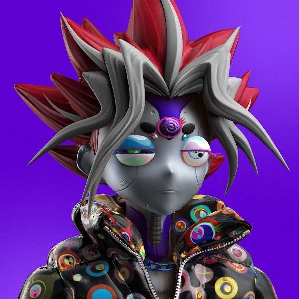 A 3D rendered character with spiky red and gray hair, three eyes featuring colorful spirals, and a patterned jacket against a purple background.