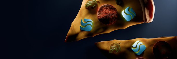 iced pizza with a golden crust, red sauce, green basil leaves, and blue and white striped toppings on a dark gray background.