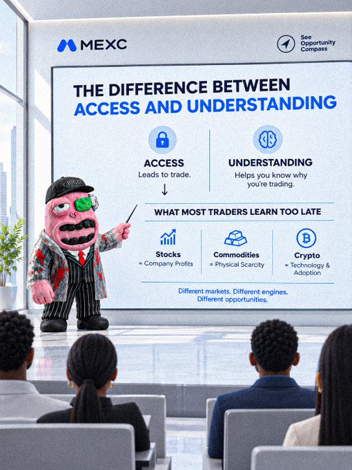 A MEXC promotional graphic titled 'THE DIFFERENCE BETWEEN ACCESS AND UNDERSTANDING' comparing access and understanding in trading, featuring a cartoon character with a pink face pointing at a presentation board in front of an audience.