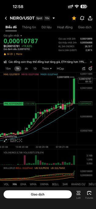 The image shows a Binance trading chart for NEIRO/USDT with a current price of 0.00010787 and a 19.82% gain, where the user bragged about going all-in on the NEIRO Ethereum token and profiting nearly 20% this morning.