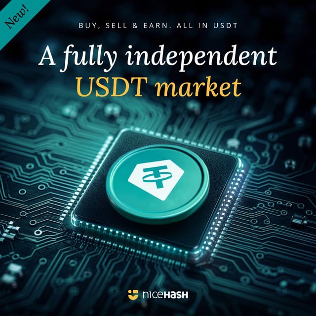 The image features a circuit board with a green square button, which appears to be a key component of a computer chip or electronic device. The text "A fully independent USDT market" is displayed above the button, indicating that this button is part of an exchange platform for USDT trading. The post also mentions that NiceHash is involved in the development and management of this exchange platform.