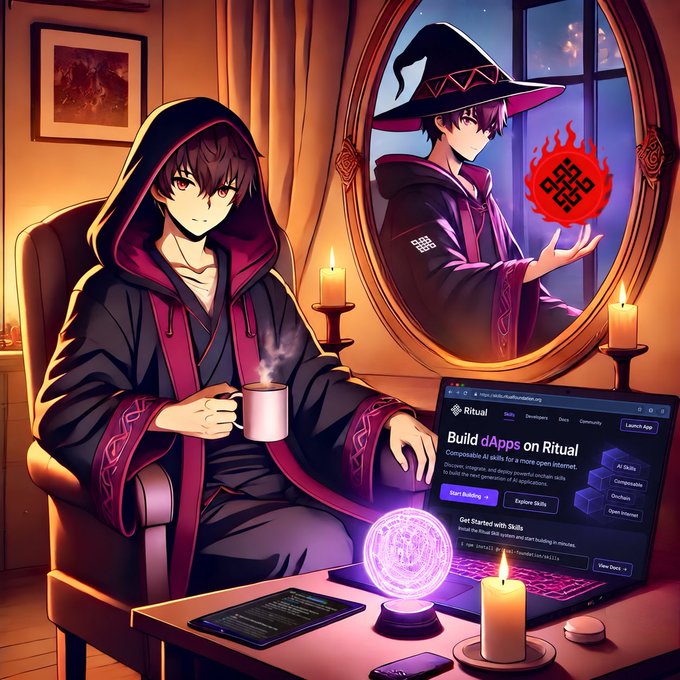 An anime-style illustration shows a hooded figure holding a steaming mug next to a laptop displaying a website titled 'Ritual', while a wizard holding a red flame symbol is reflected in a mirror.