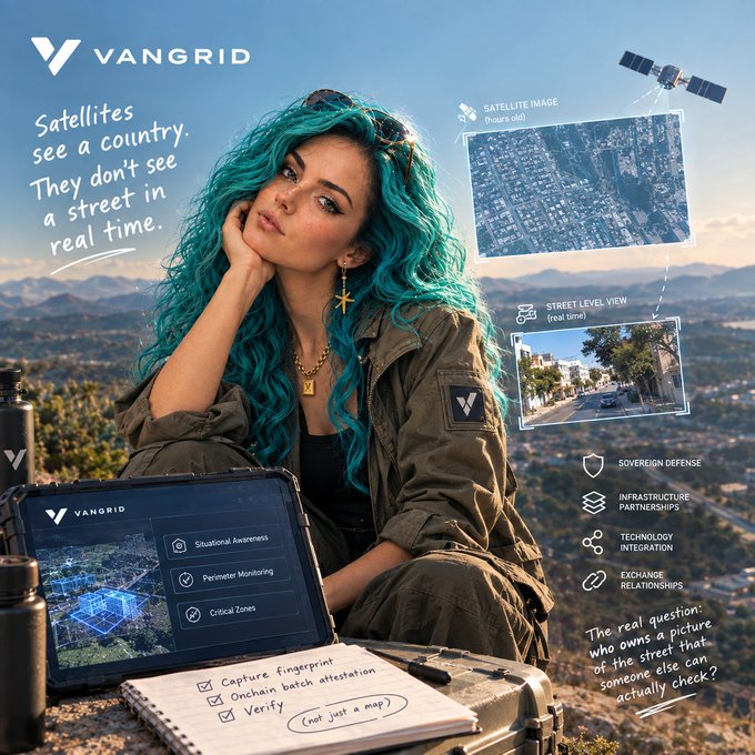 A promotional image for 'VANGRID' showing a woman with teal curly hair in a green outfit, accompanied by satellite and street-level imagery, with text 'Satellites see a country. They don't see a street in real time' and features like Sovereign Defense and Infrastructure Partnerships.