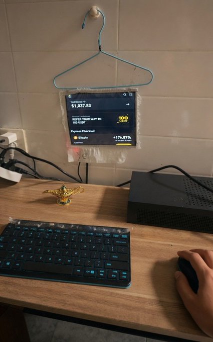 A makeshift computer setup shows a small screen taped to a hanger displaying a Robinhood portfolio check of $1,037.83 with +174.87% gains, alongside a backlit gaming keyboard, mouse, and a small bull figurine on a wooden desk.