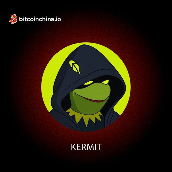 A graphic illustration of Kermit the Frog wearing a dark hooded cloak with glowing green eyes, set against a dark red background with a yellow circle, labeled 'KERMIT' and branded with 'bitcoinchina.io'.