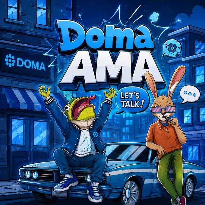 A vibrant cartoon-style illustration advertising "Doma AMA" with a frog character in a jacket and a rabbit wearing sunglasses next to a blue car.