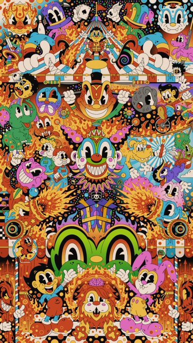 A vibrant, densely packed illustration featuring a kaleidoscope of cartoon-style characters with exaggerated expressions, big eyes, and bold colors in a psychedelic, symmetrical composition. The chaotic, playful aesthetic aligns perfectly with the post's mention of "cartoon vibes" from the NFT collection, visually showcasing the artistic style of the collaborative project.