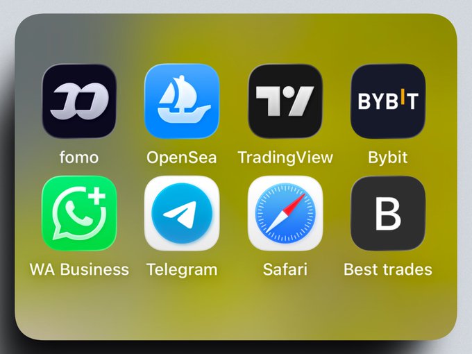 A smartphone home screen displaying app icons including Fomo, OpenSea, TradingView, Bybit, WA Business, Telegram, Safari, and Best trades against a green gradient background.